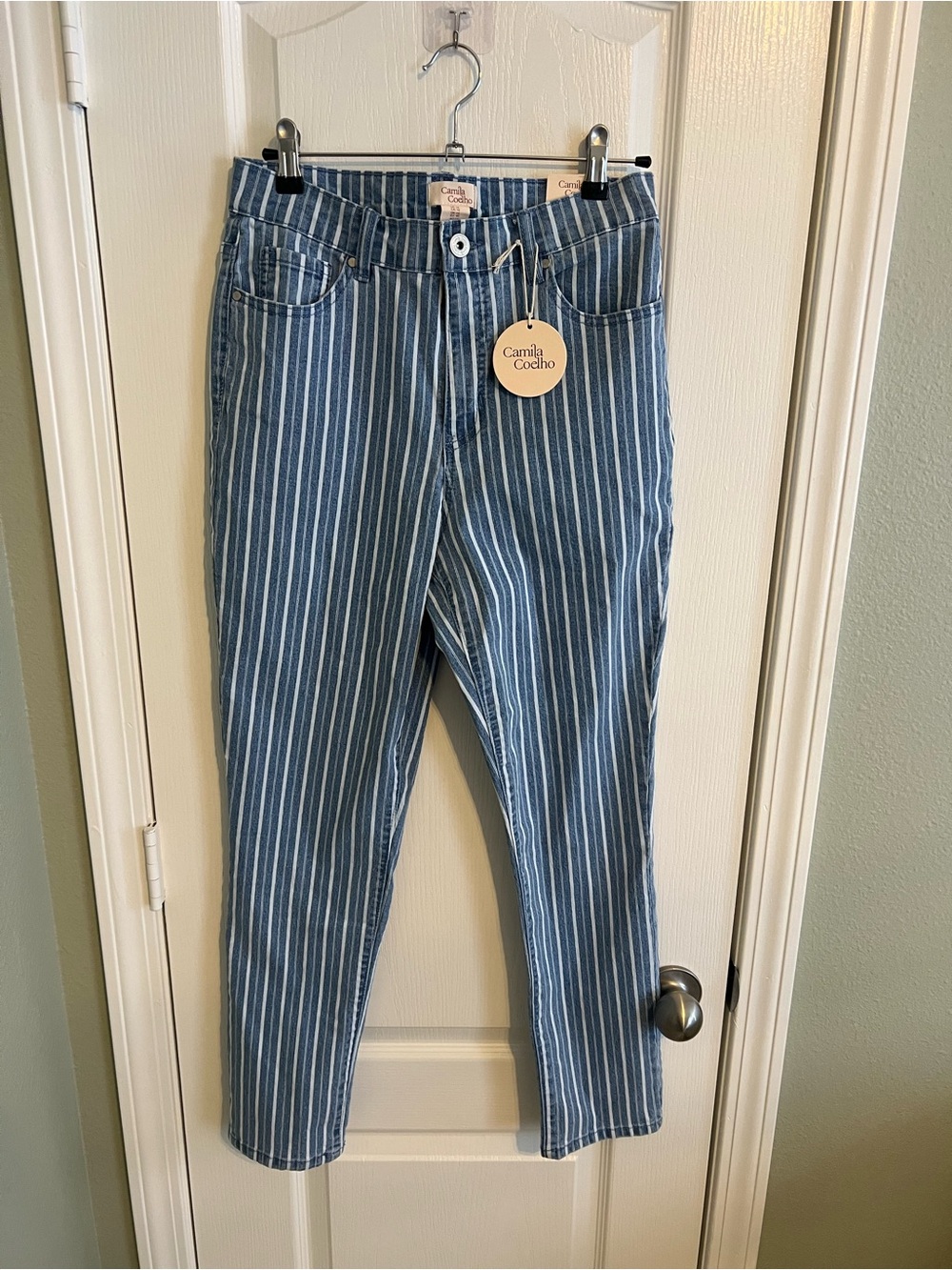 Camila Coelho High Waist Striped Slim Straight Ankle Jeans Size 10 NWT